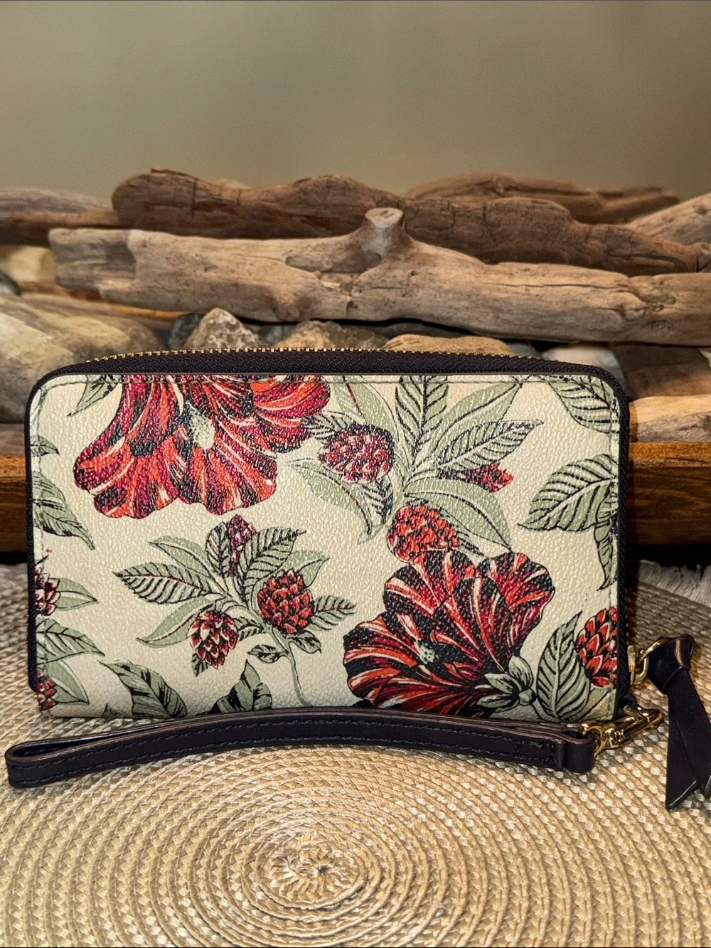 Tory Burch Cream Floral Zip Wristlet with Red Accents